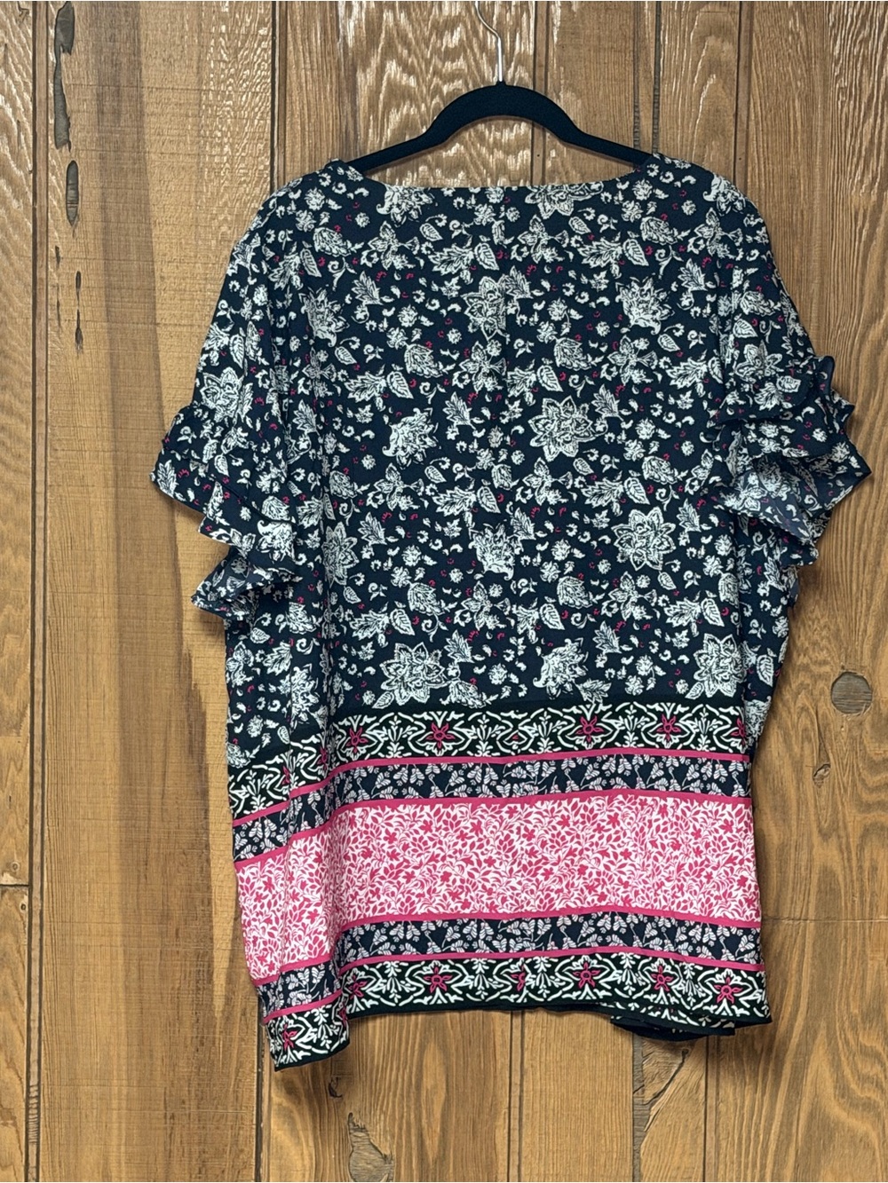 Lane Bryant Black Floral Top with Pink Border and‎ Short Ruffle Sleeve - Picture 5 of 5